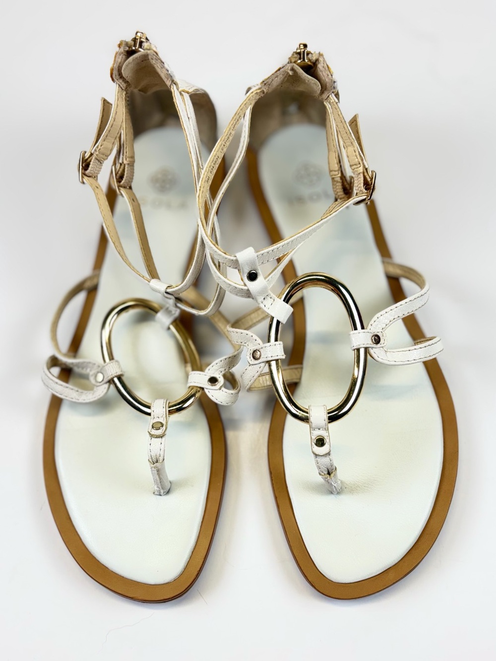 Isola White Gold Gladiator Thong Sandals Zip Back Women Size 8 Leather